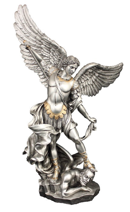 St. Michael Statue, Pewter Style Finish with Golden Highlights, 14.5inches