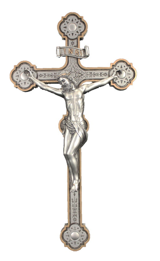 A Veronese Ornate Crucifix in a pewter style finish with golden highlights, 14".