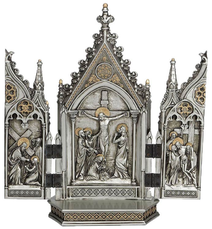 Calvary triptych in a pewter style finish with gold highlights