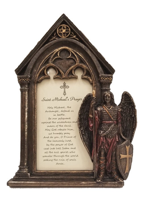 A Veronese St. Michael photo frame in lightly hand-painted cold cast bronze, 5.5x7.5", stands or hangs.