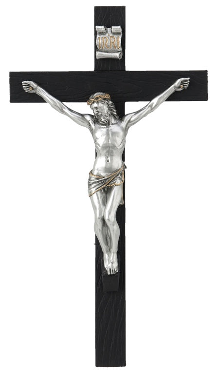 10" Black Wood Crucifix With Pewter Style Corpus