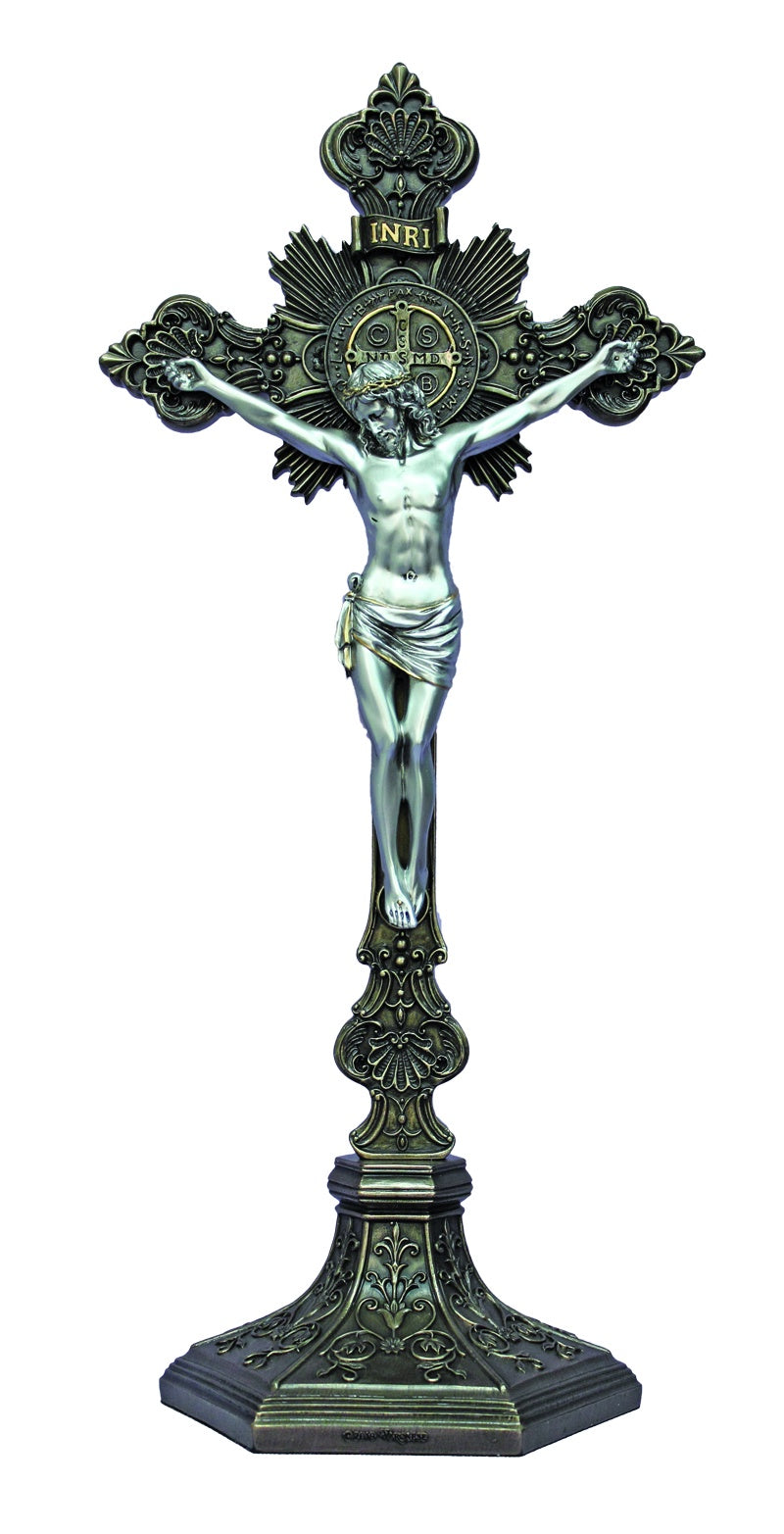 St. Benedict Crucifix, Veronese, Hang or Stand, Bronze/Pewter Style, 17"