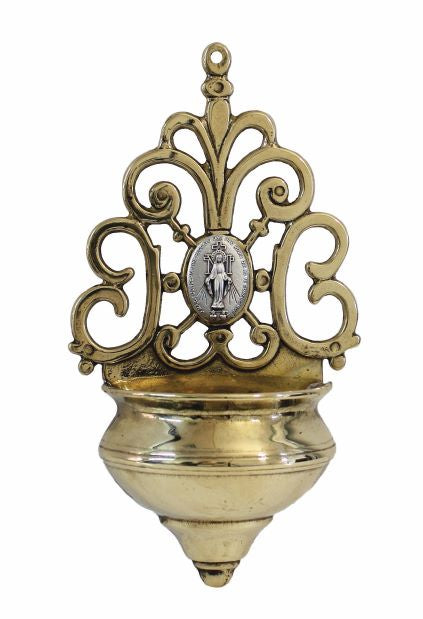 Brass Holy Water Font With Pewter Style Miraculous Medal