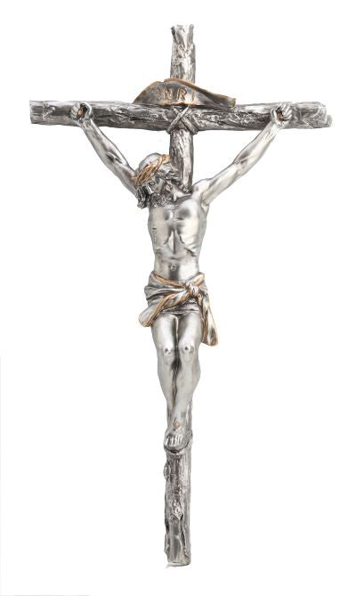 Crucifix, pewter style with gold trim, 16”.