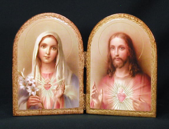 Sacred Heart of Jesus and Immaculate Heart of Mary Florentine Diptych, 9.5x6.5". Made in Italy.