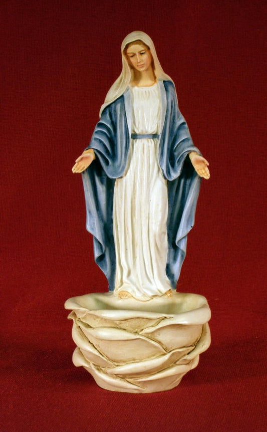 Lady of Grace font that stands or hangs in hand-painted alabaster & resin, 6". Made in Italy.