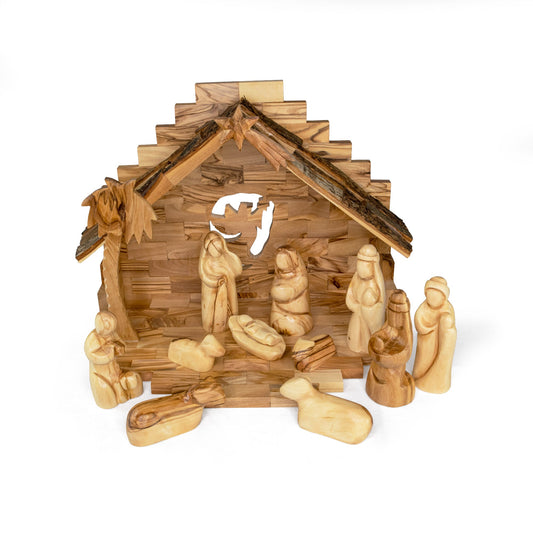 Musical Holy Land Olive Wood Nativity With Large Bark Roof Stable And Small Faceless Figurines - 9" H