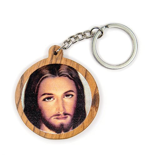 Holy Land Olive Wood Key Chain With Divine Mercy Image - Close Up