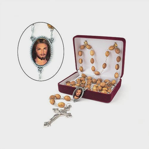 Olive Wood Rosary With Jesus Center, Includes Earth From The Holy Land