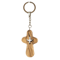 Olive Wood Dove In Cross Keychain