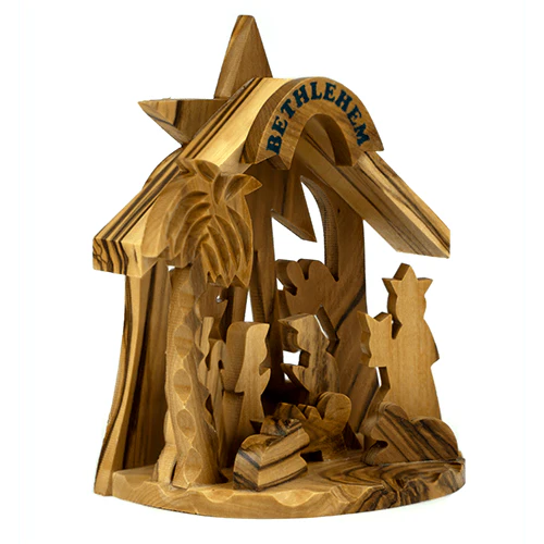 Olive Wood 3D Nativity Scene Grotto - Made in the Holy Land - 4.5"