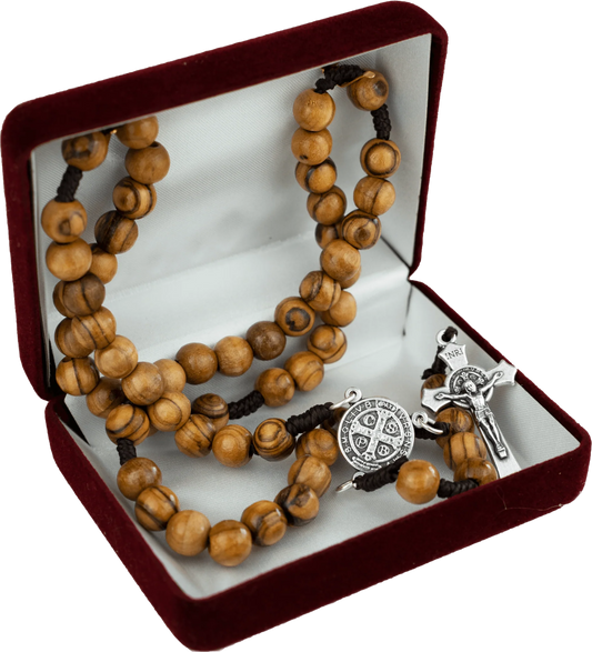 Olive Wood Rosary with St. Benedict Medal Center