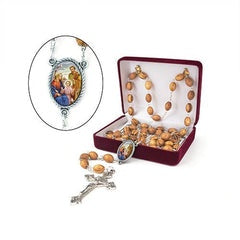 Olive Wood Rosary With Holy Family Center, Includes Earth From Holy Land