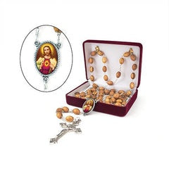 Olive Wood Rosary With Sacred Heart Of Jesus Center, Includes Earth From The Holy Land