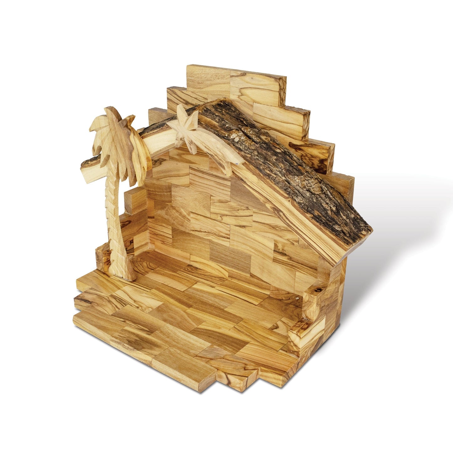 Holy Land Olive Wood Nativity with Small Bark Roof - 7" H