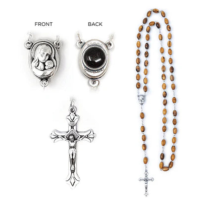 Olive Wood Bead Rosary with Madonna and Child Center Medal and Jerusalem Soil
