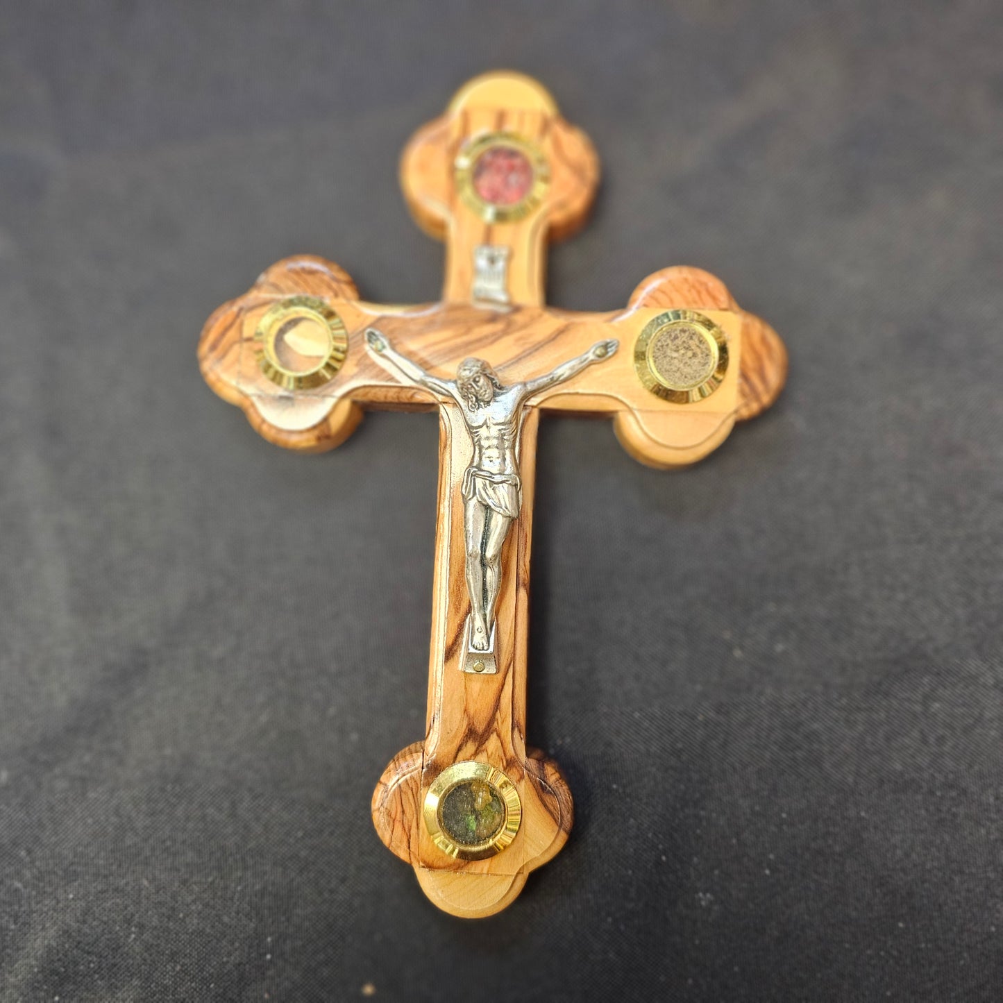 Olivewood Crucifix with Holy Land Elements