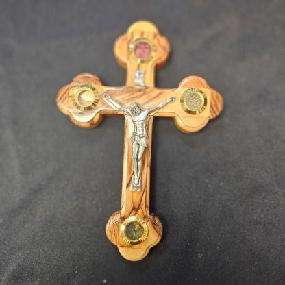 Olivewood Crucifix with Holy Land Elements