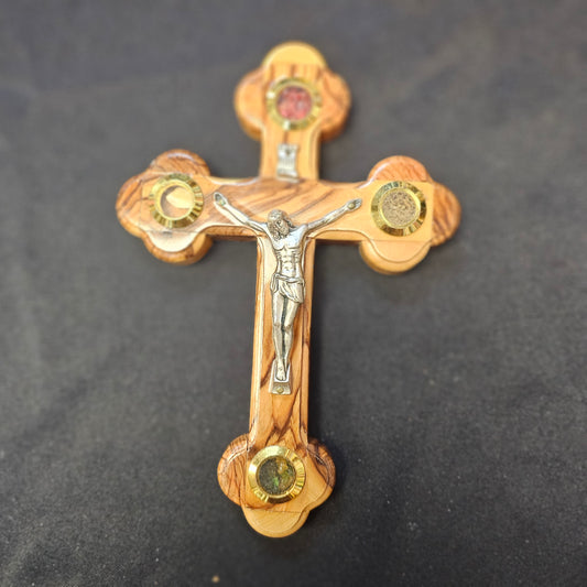 Olivewood Crucifix with Holy Land Elements