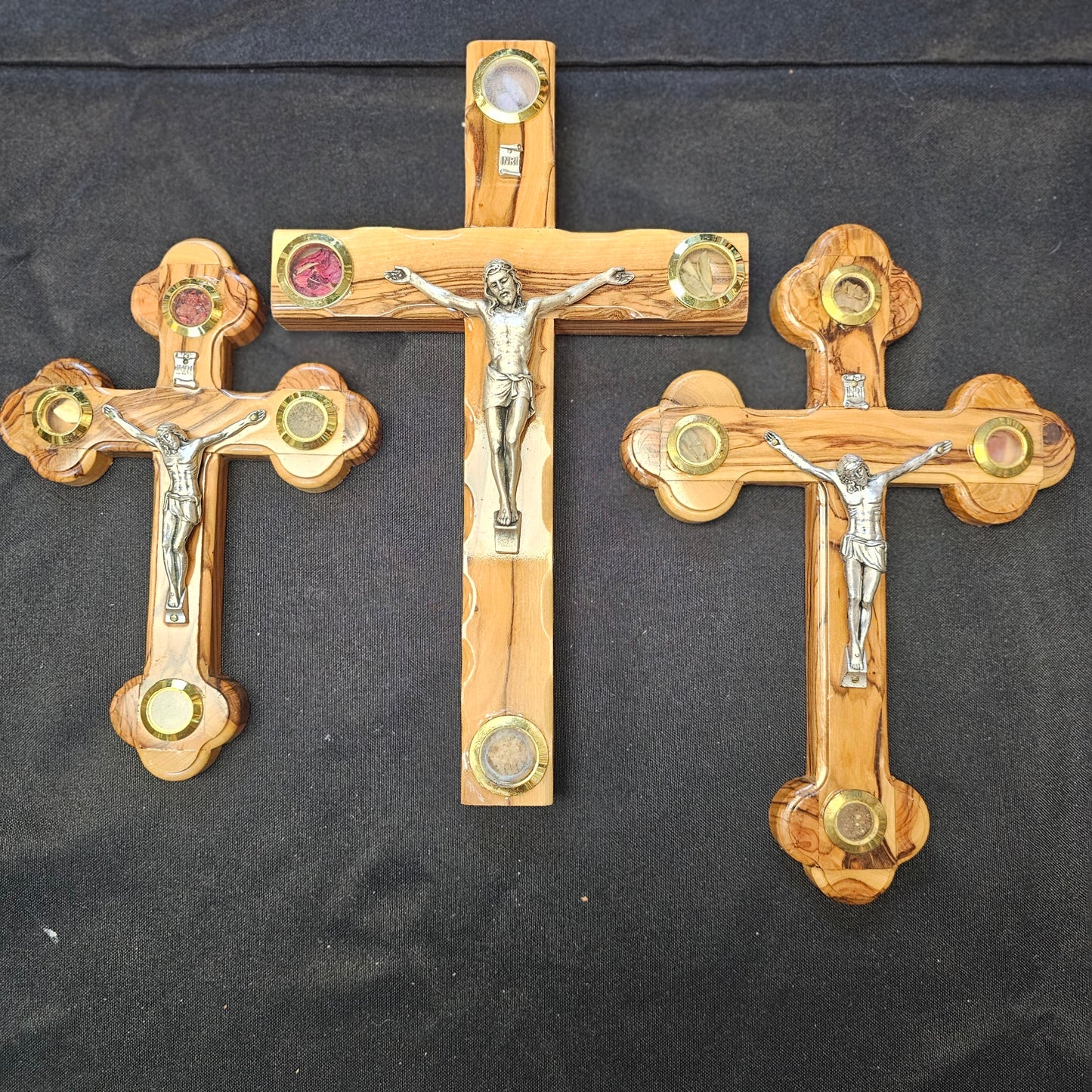 Olivewood Crucifix with Holy Land Elements