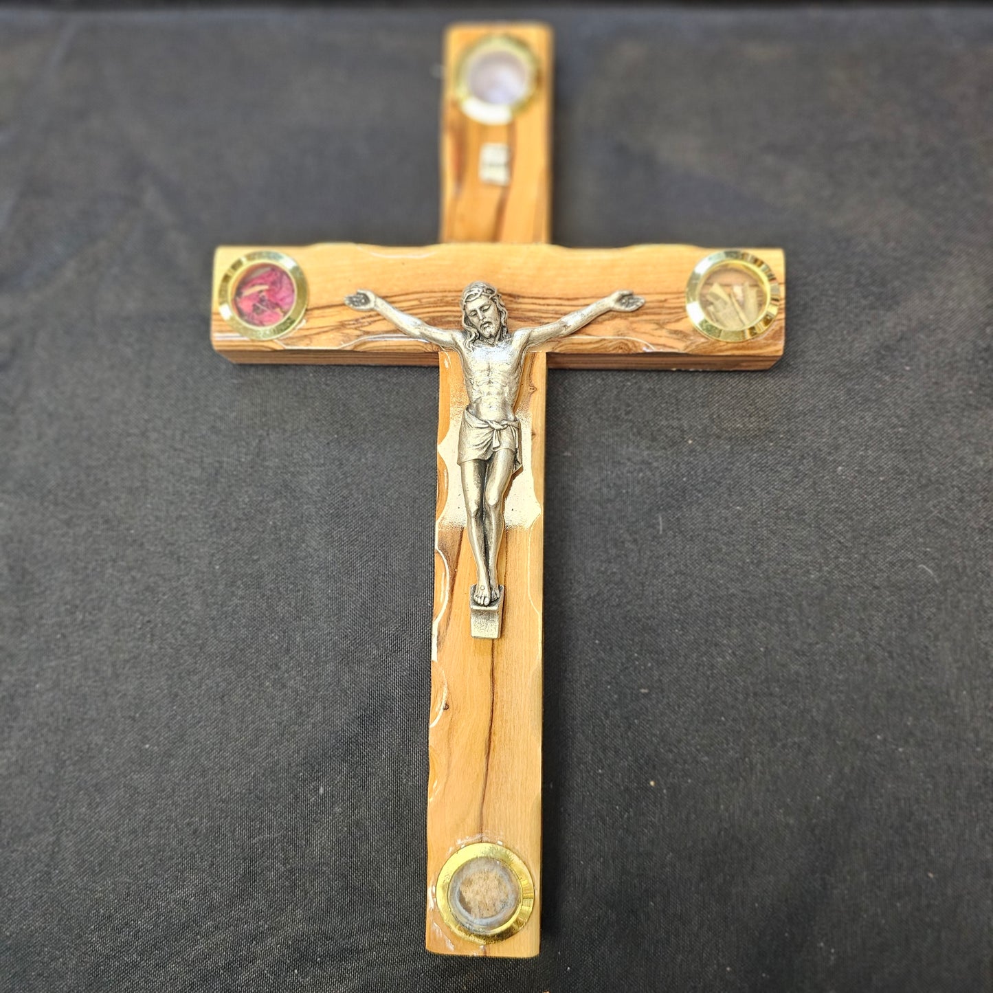 Olivewood Crucifix with Holy Land Elements