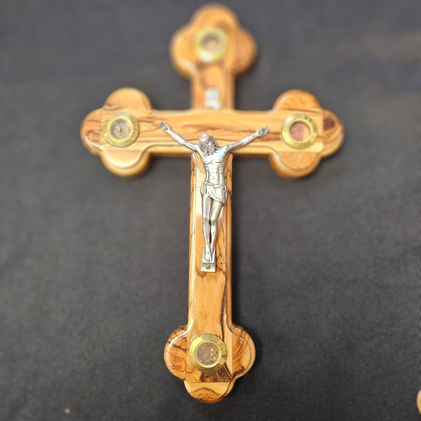 Olivewood Crucifix with Holy Land Elements
