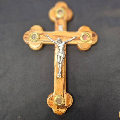 Olivewood Crucifix with Holy Land Elements