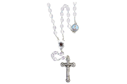 Our Lady of Fatima Glass Bead Rosary with Relic Center & Prayer Card