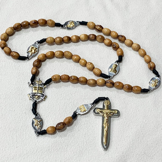 Paracord Warrior's Rosary with Olive Wood Beads from the Holyland with ALL medals Two-Tone 18K Gold Plated/Stainless