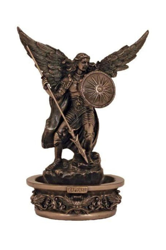 St. Raphael the Archangel Holy Water Font in lightly hand-painted cold cast bronze, Veronese Collection - 7.25" (Stands or Hangs)