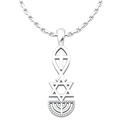 Sign of the Fish, Star of David, and Menorah, Sterling Silver Pendant Necklace