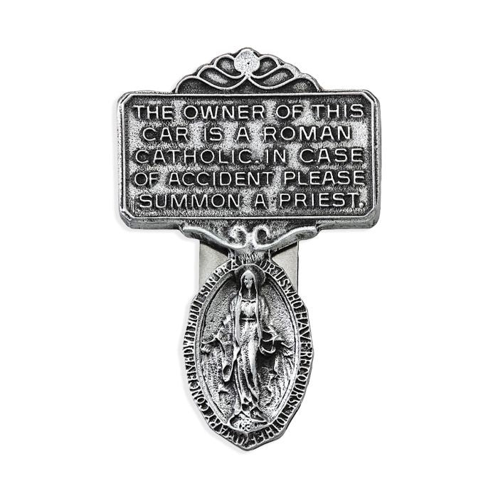 Miraculous Medal Visor Clip In Pewter Or Blue Enamel Background