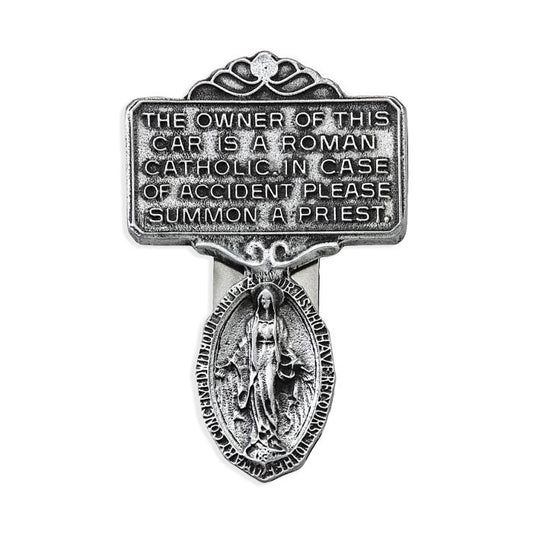 Miraculous Medal Visor Clip In Pewter Or Blue Enamel Background